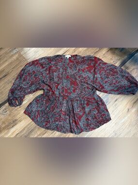 Lucky Brand Red and Gray Paisley Peplum Top